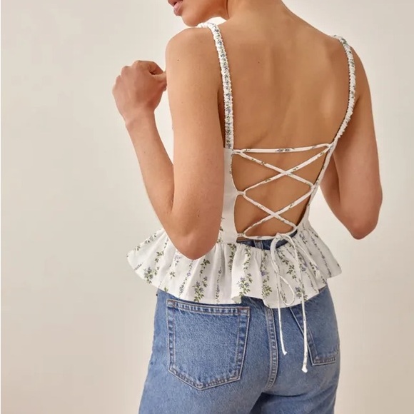 Reformation Barton Top, Sz0, White / Green Floral Corset Lace Ruffle Hem - Picture 2 of 15